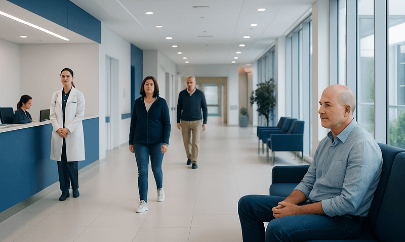 Patients waiting in a modern hospital corridor with medical staff present.