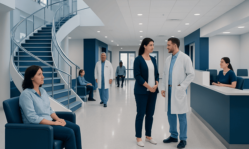 Modern hospital interior with medical staff and patients in a waiting area.