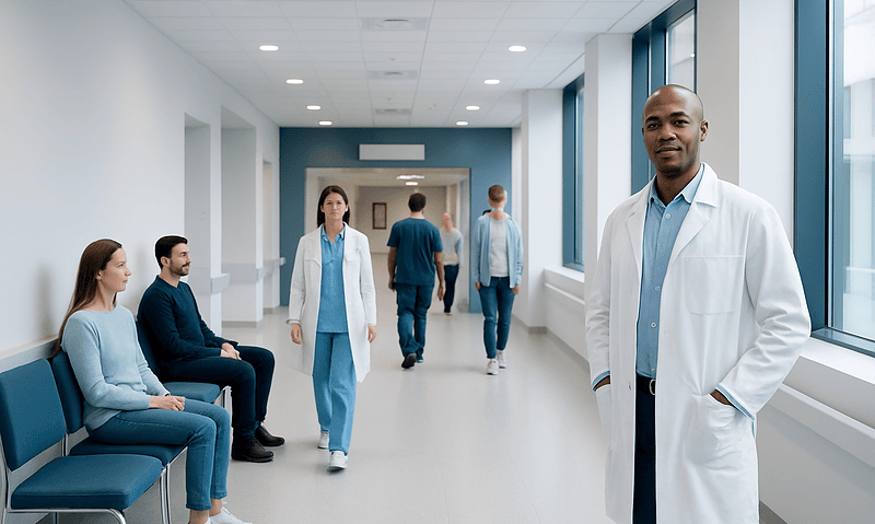 Medical professionals and patients in a modern hospital corridor at Acibadem Hospitals Group.