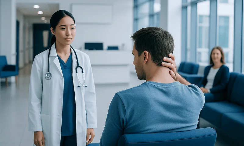 Doctor examining patient's neck in a hospital setting.