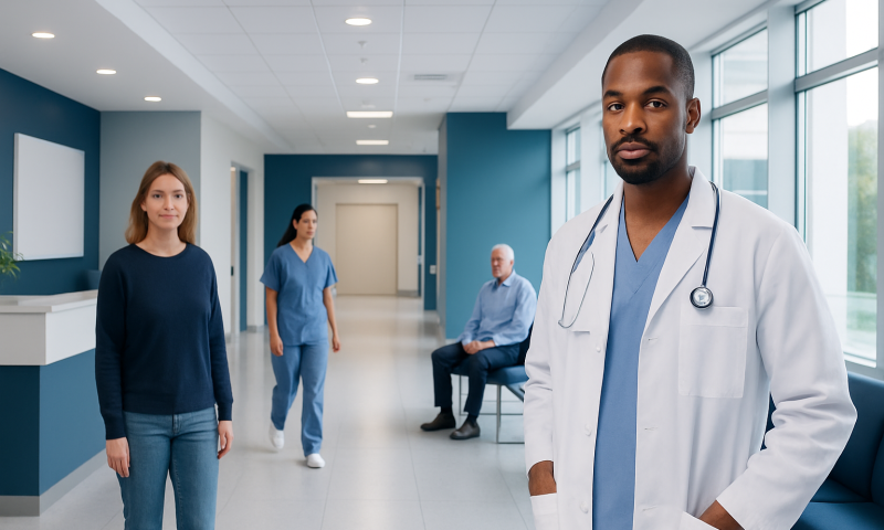 Diverse medical team in hospital corridor with doctor in foreground.