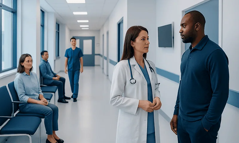 Doctor talking to patient in hospital corridor with waiting patients.