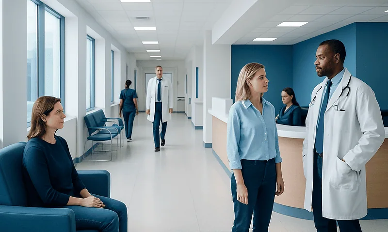 Medical consultation in a hospital corridor with healthcare professionals and patients.