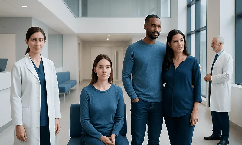 Patients waiting in a modern hospital lobby with medical staff nearby.