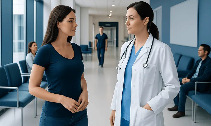 Patient consulting with doctor in hospital corridor for breast surgery.