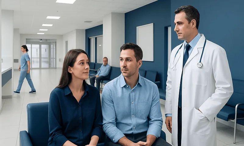 Doctor consulting with a couple in a hospital waiting area.