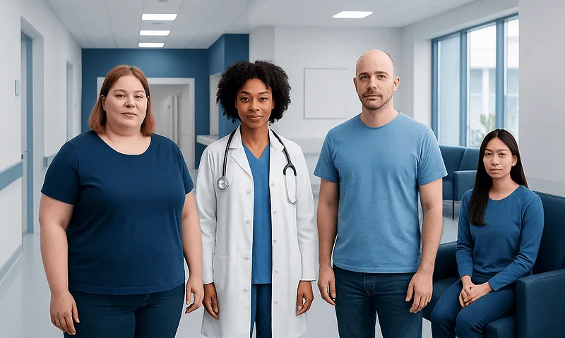 Diverse medical team in hospital corridor with doctor and patients.