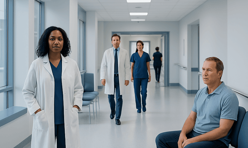 Medical team in hospital corridor with patient waiting area.