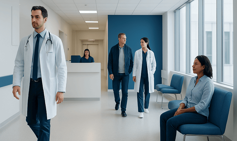 Medical professionals and patient in a hospital corridor at Acibadem Hospitals Group.