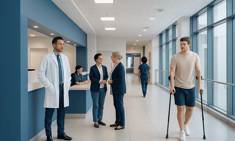 Hospital corridor with medical staff and a patient using crutches.