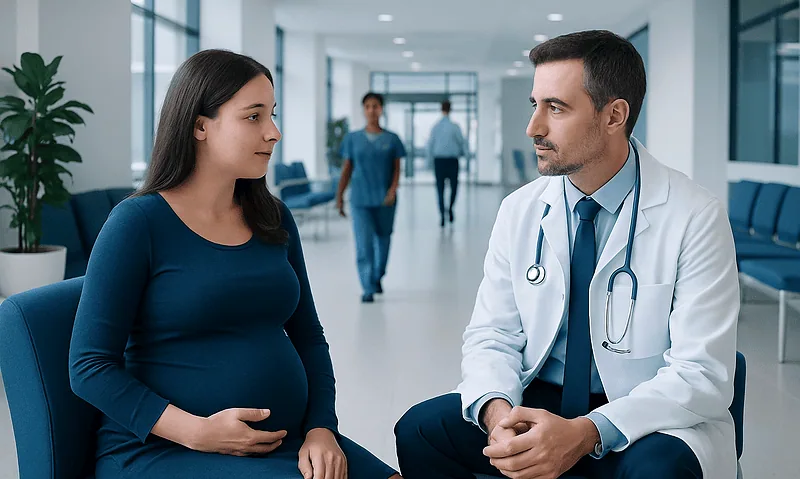 Pregnant woman consulting with a doctor in a hospital corridor.
