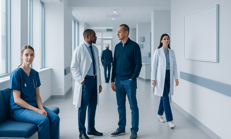 Medical professionals and staff in a hospital corridor at Acibadem Hospitals Group.