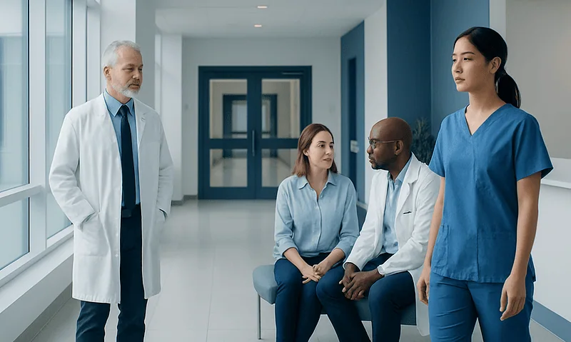 Medical team discussing patient care in hospital corridor.