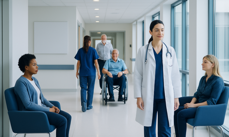 Healthcare professionals and patients in a hospital corridor at Acibadem Hospitals Group.