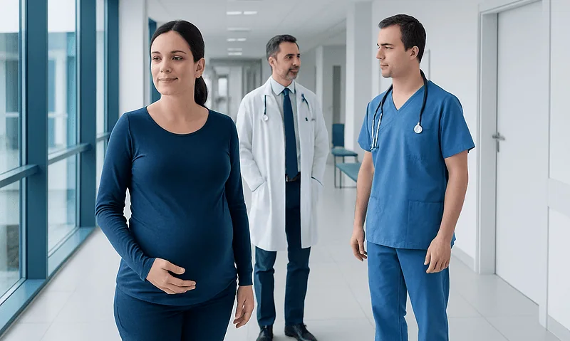 Pregnant woman with doctors in hospital corridor.