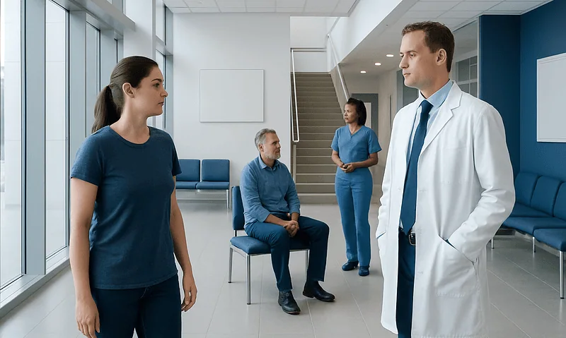 Doctor consulting with a patient in a modern hospital corridor.