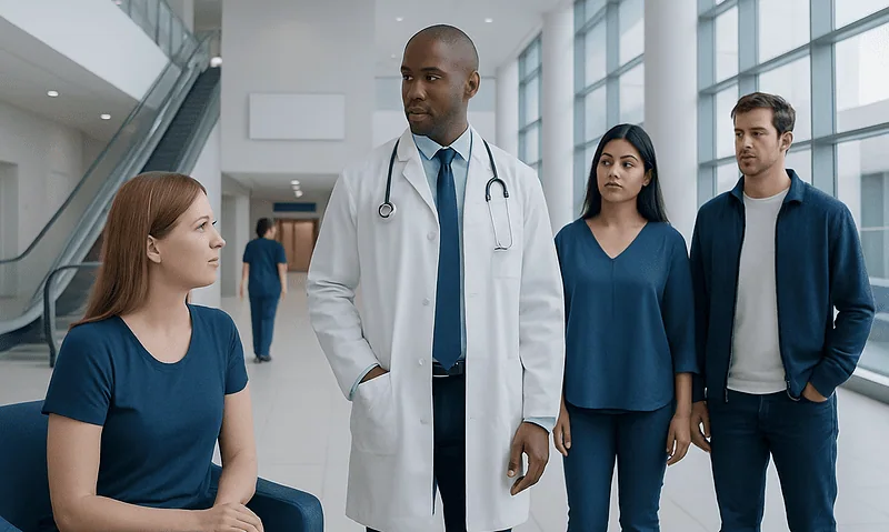 Medical consultation in a modern hospital with diverse healthcare professionals.