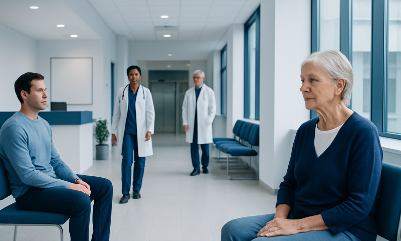 Elderly woman and young man in hospital waiting area with doctors in background.