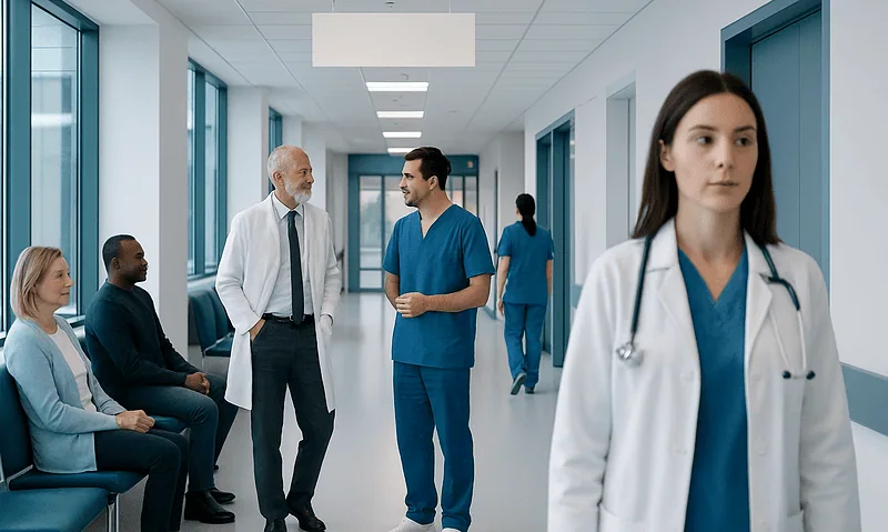 Medical professionals and patients in a hospital corridor at Acibadem Hospitals Group.