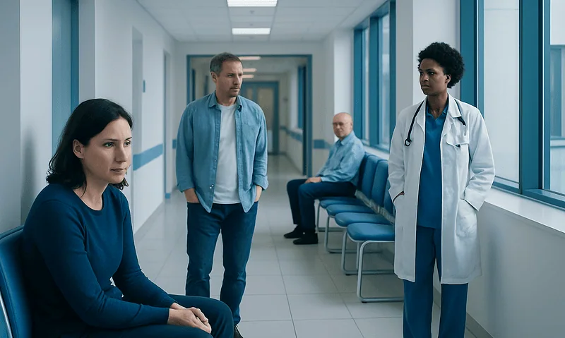Patients and doctor in hospital corridor at Acibadem Hospitals Group.