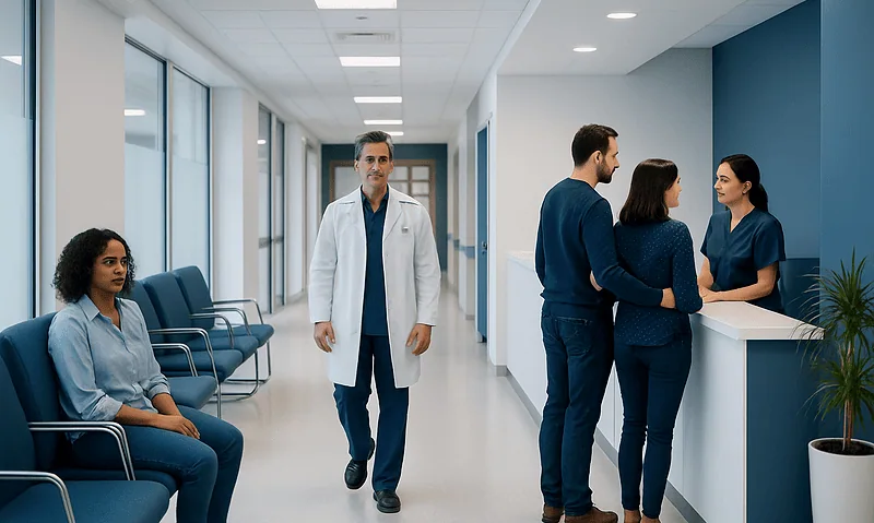 Pimple But: What Patients Need to Know 15 Hospital corridor with medical staff and patients at reception desk.
