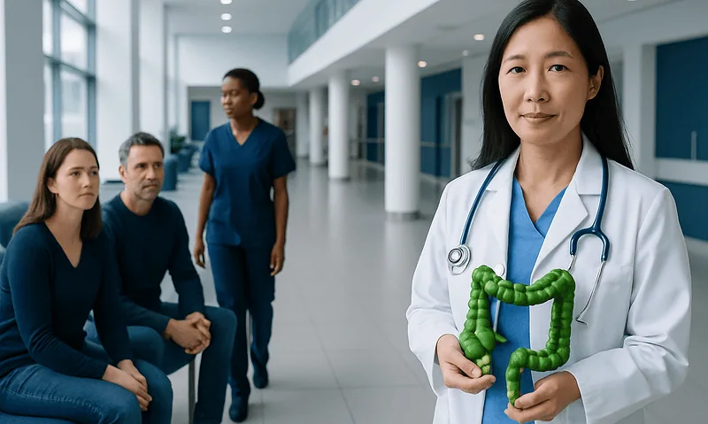 Doctor holding a model of the human intestines in a hospital corridor.