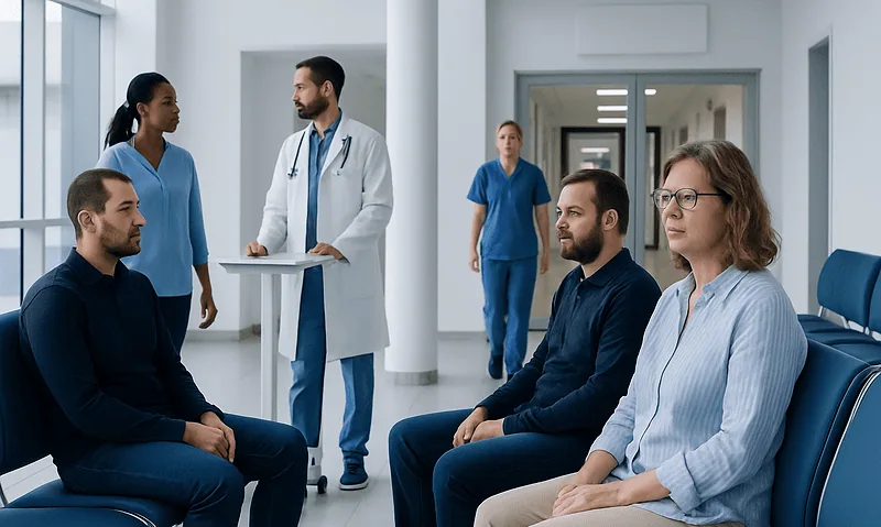 Medical consultation with patients in a hospital waiting area.