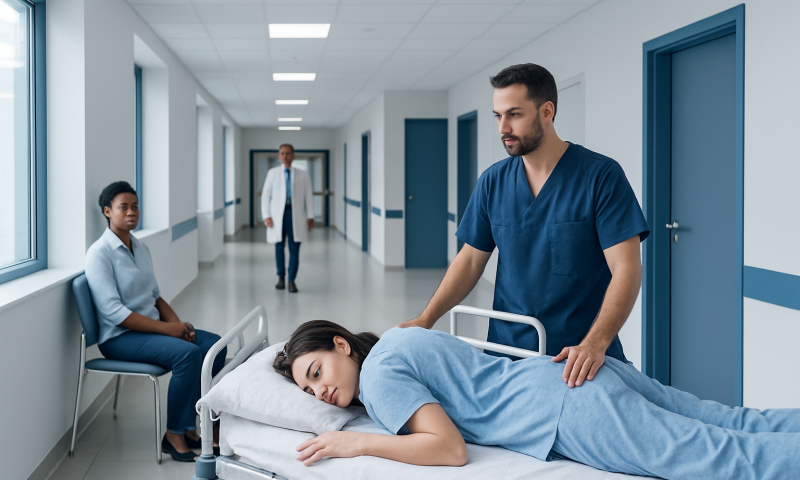 Patient in prone position receiving care in hospital corridor.
