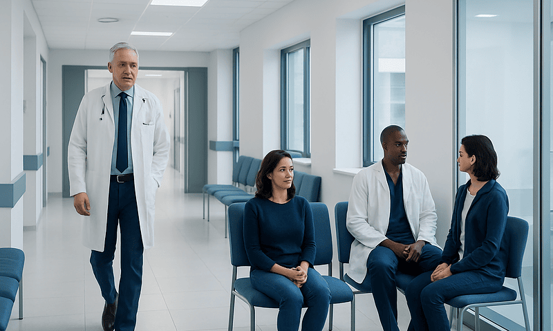 Doctors and patients in a hospital corridor at Acibadem Hospitals Group.