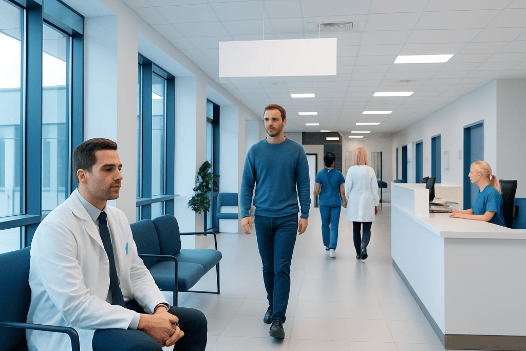 What Does Sperm Smell Like? Here Is What the Evidence Says 1 Modern hospital corridor with patients and staff in a healthcare facility.