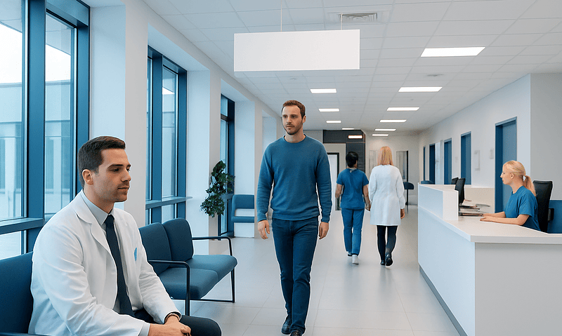 Modern hospital corridor with patients and staff in a healthcare facility.