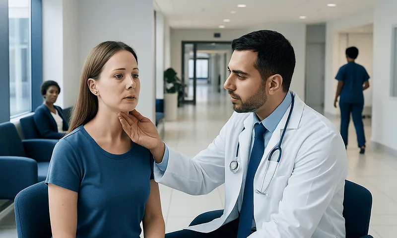 Doctor examining a woman's throat in a hospital corridor.
