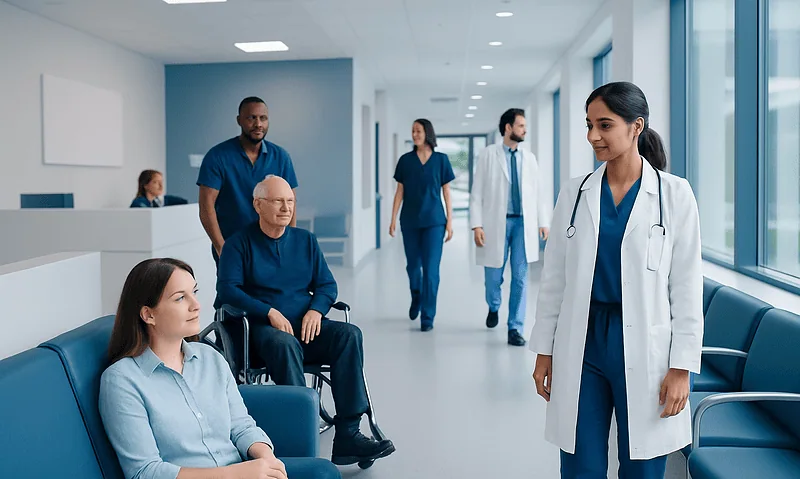 Healthcare professionals and patients in a modern hospital corridor.