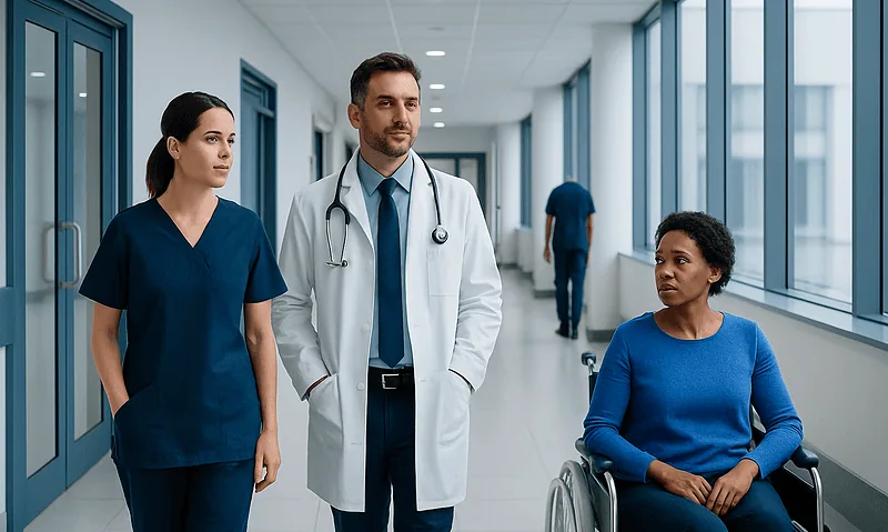 Medical team consulting with a patient in a hospital corridor.