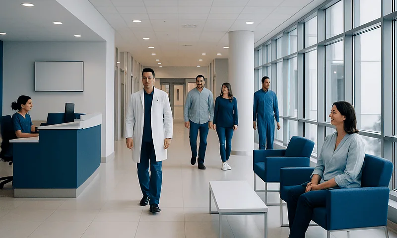 Medical staff and patients in a modern hospital waiting area.