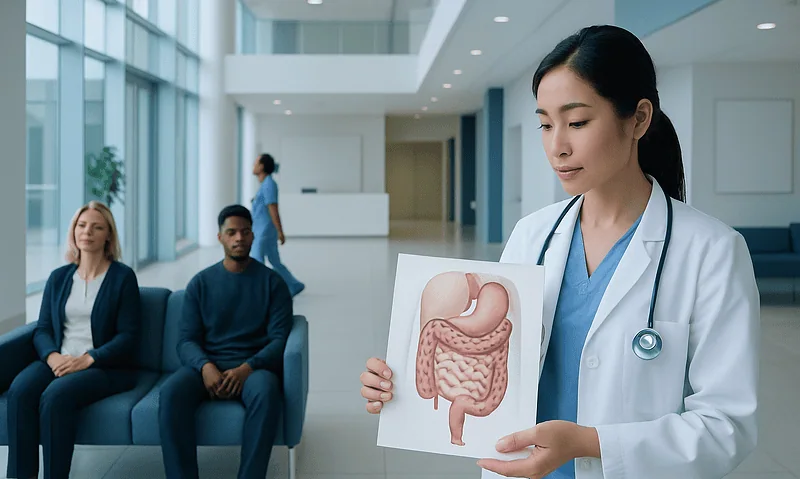 Doctor explaining appendix diagram to patients in hospital lobby.