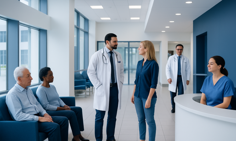 Medical team consulting with patients in a modern hospital corridor.