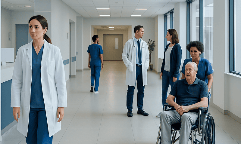 Medical team and patient in hospital corridor at Acibadem Hospitals Group.