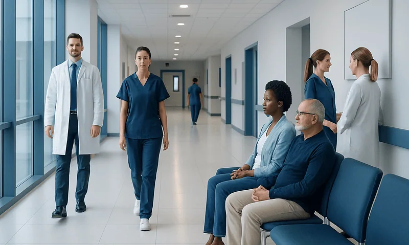 Healthcare professionals and patients in a modern hospital corridor.