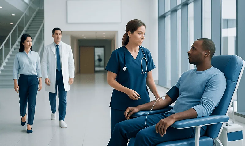 Donate Bone Marrow Transplant: Benefits, Risks, and Recovery — A Complete Guide 12 Healthcare professional checks patient in hospital corridor with medical staff in background.