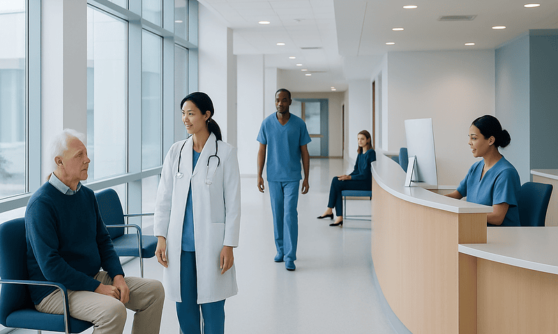 Healthcare professionals consulting with a patient in a modern hospital corridor.