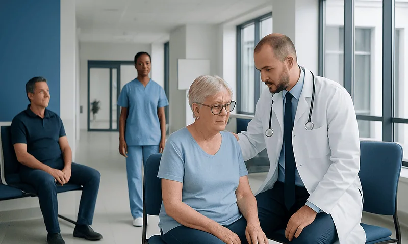Doctor consulting elderly patient in hospital waiting area.