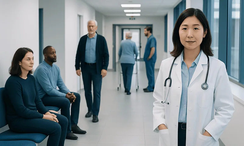 Medical staff and patients in a hospital corridor at Acibadem Hospitals Group.