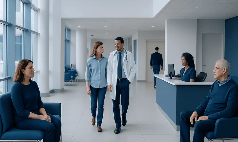 Medical professionals and patients in a modern hospital waiting area.