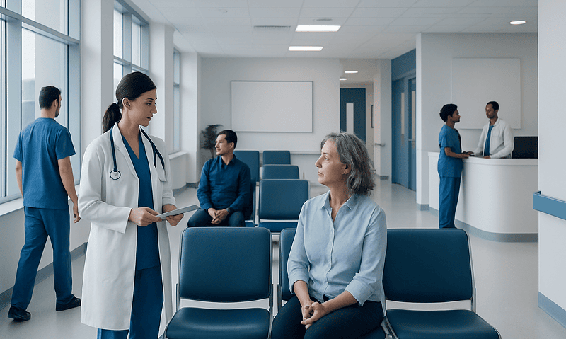 Doctor consulting elderly patient in hospital waiting area.