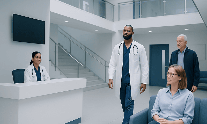 Medical team in hospital lobby with patients and staff.