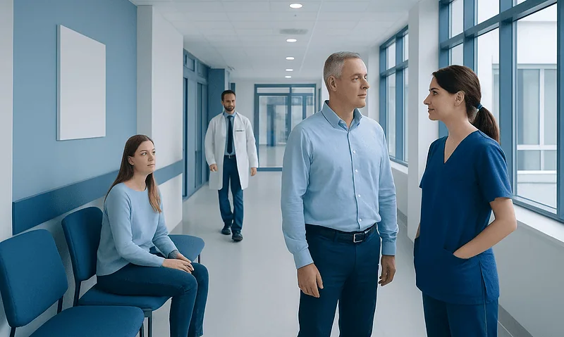 Medical consultation in hospital corridor with patient and healthcare professionals.