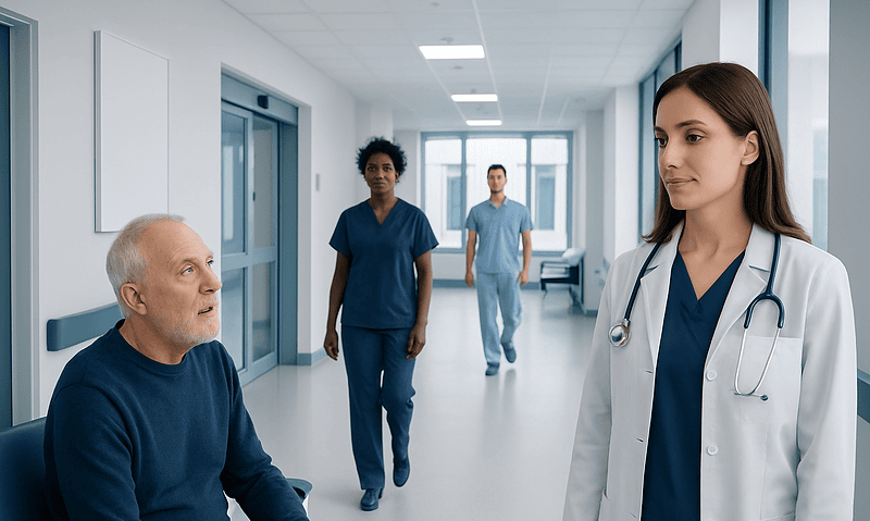 Doctor talking to elderly patient in hospital corridor with medical staff in background.