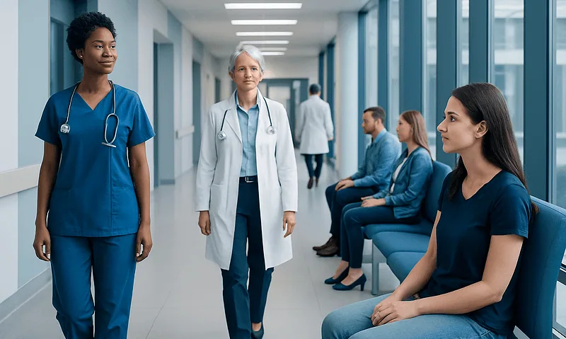 Healthcare professionals and patients in a hospital corridor.