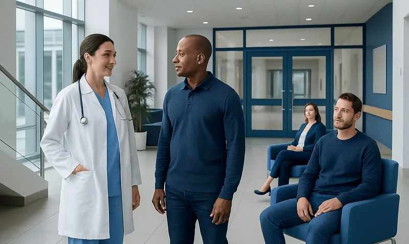 Doctor talking to patient in hospital corridor with waiting area.